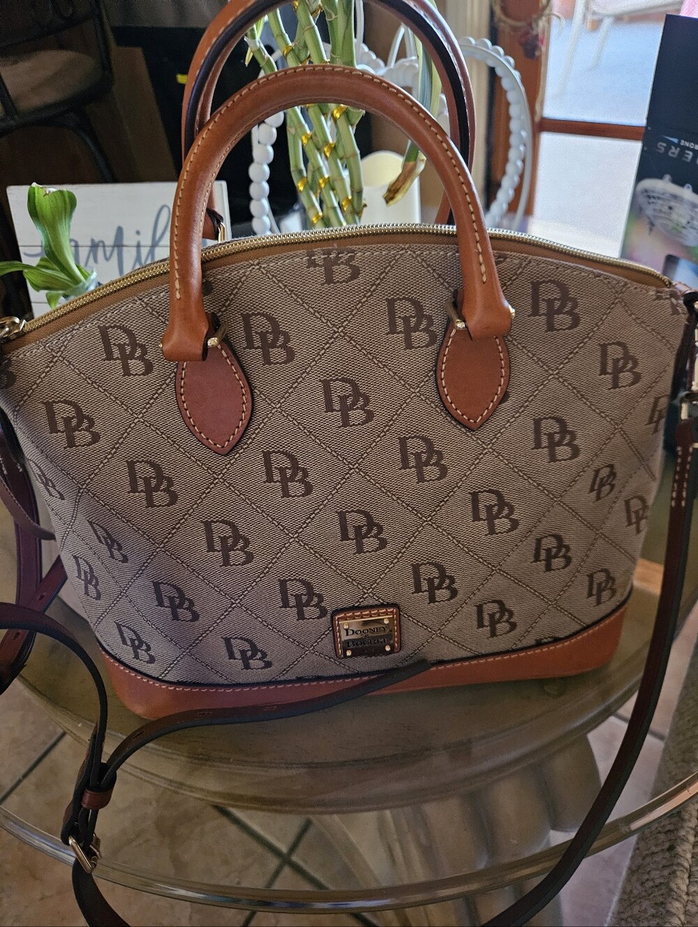 Dooney & Bourke Tan Beige Monogram DB Satchel with Leather Trim